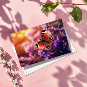 raxxa Postkarte: majestic peacock butterfly gracefully landing amidst a purple lilac