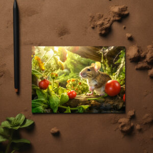 raxxa Postkarte: Little mouse in the backyard of garden between tomatos sitting in sun.