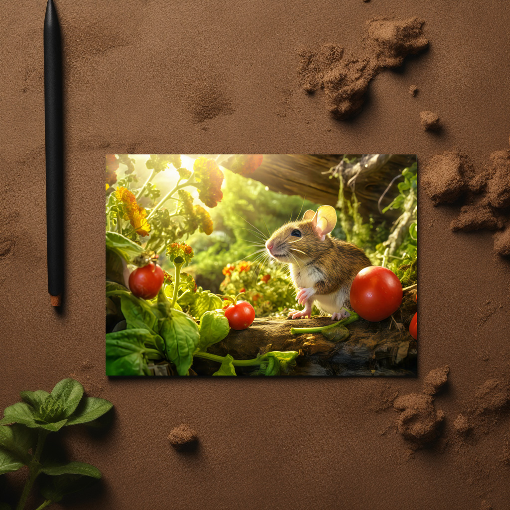 raxxa Postkarte: Little mouse in the backyard of garden between tomatos sitting in sun.