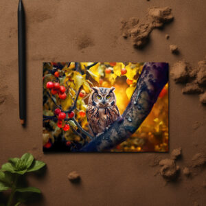 raxxa Postkarte: wise owl perched on a branch of apple tree
