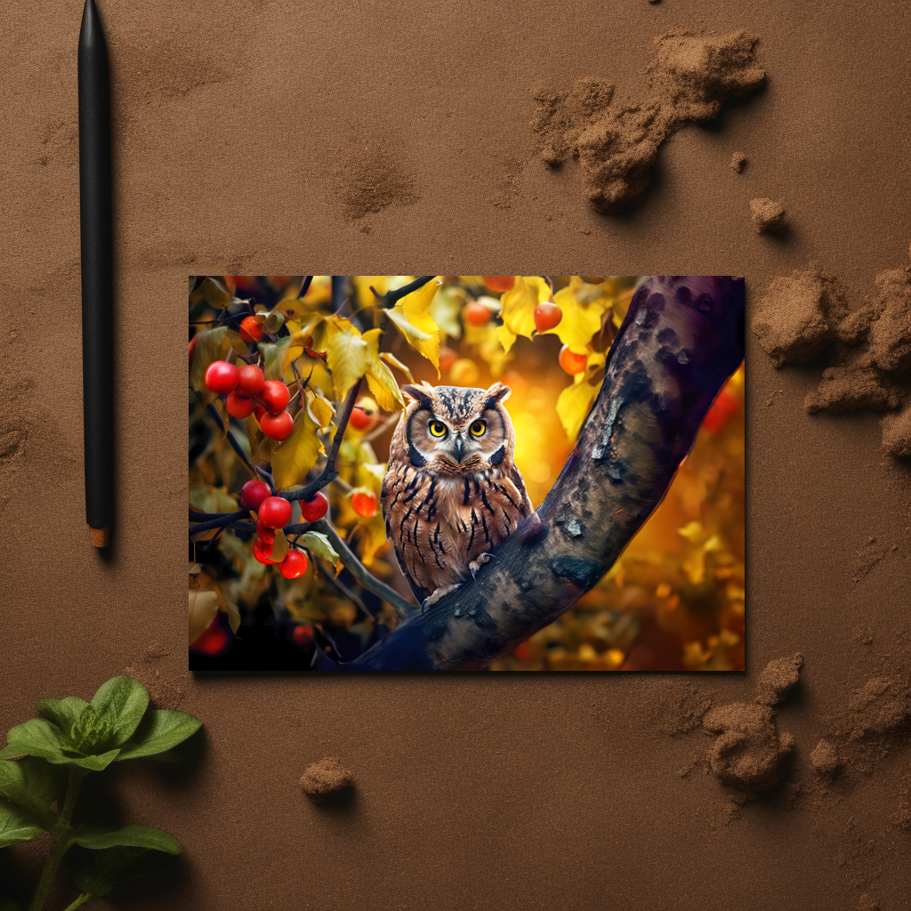 raxxa Postkarte: wise owl perched on a branch of apple tree