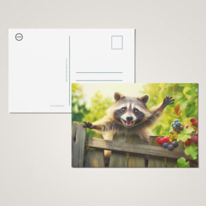 raxxa Postkarte: raccoon skillfully scaling a garden fence