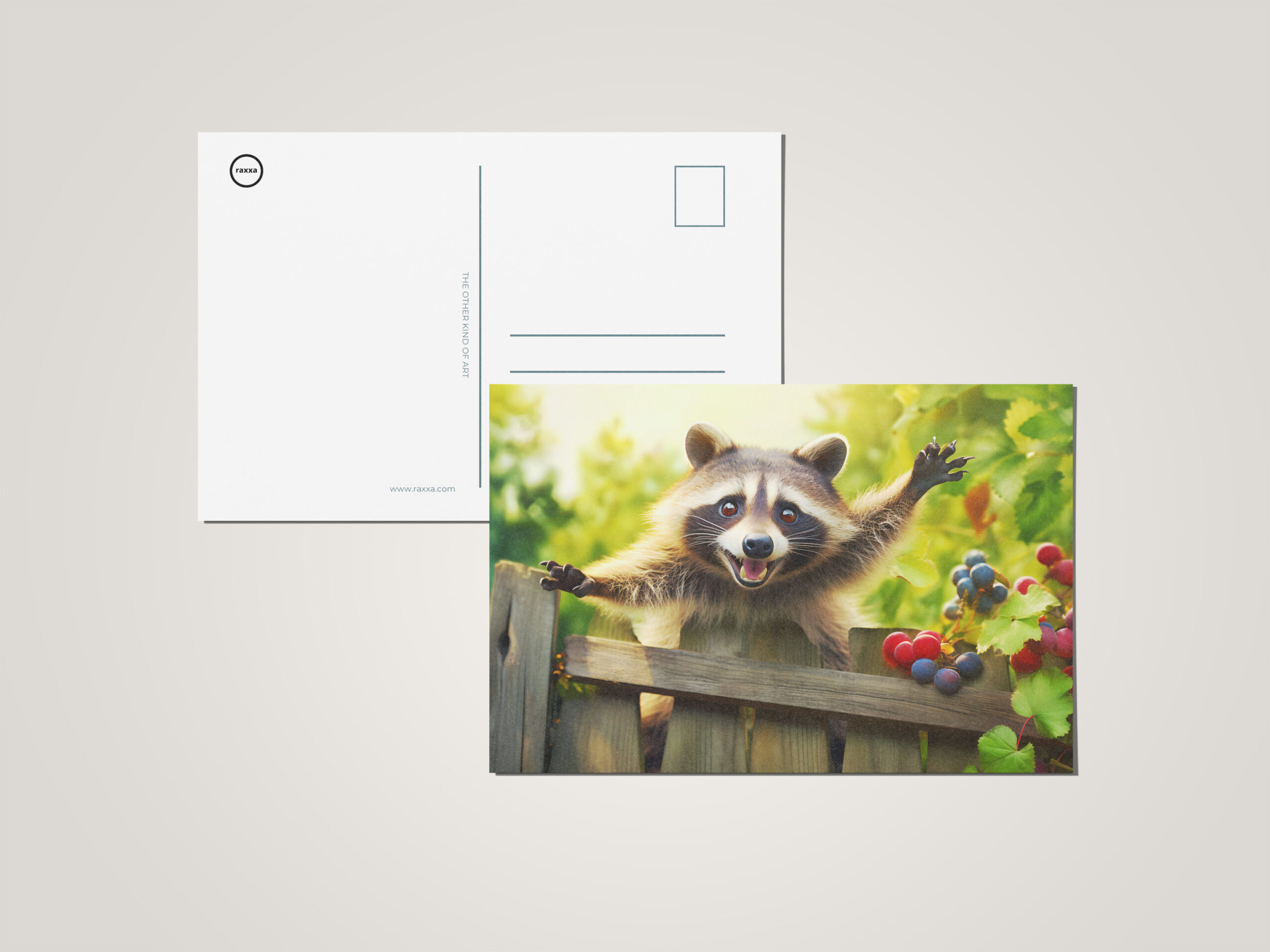 raxxa Postkarte: raccoon skillfully scaling a garden fence