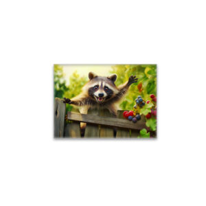 raxxa Glas-Magnet: raccoon skillfully scaling a garden fence