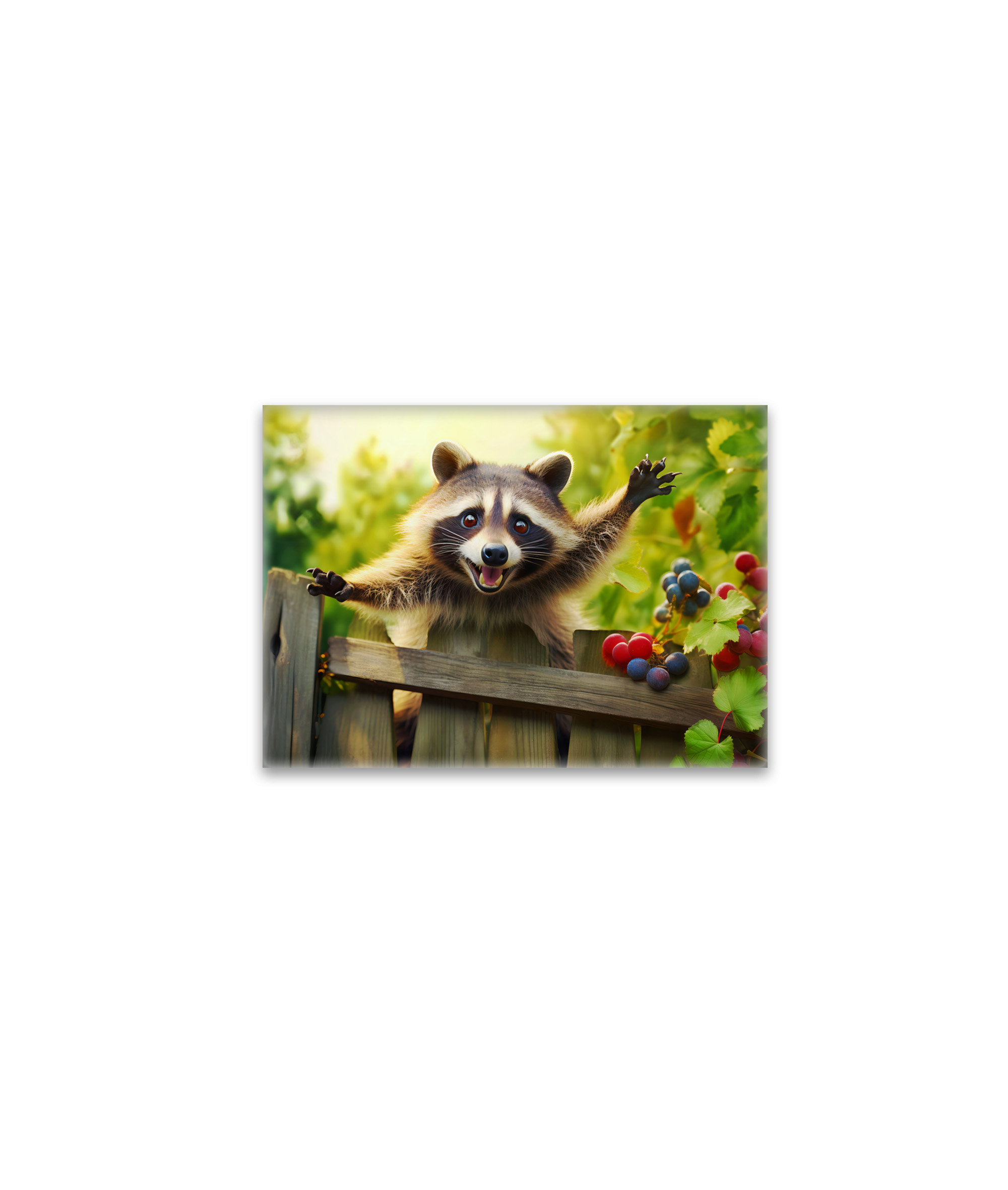 raxxa Glas-Magnet: raccoon skillfully scaling a garden fence