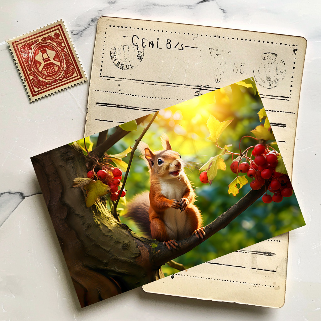 raxxa Postkarte: curious squirrel perched on a branch, nibbling on a freshly fruits