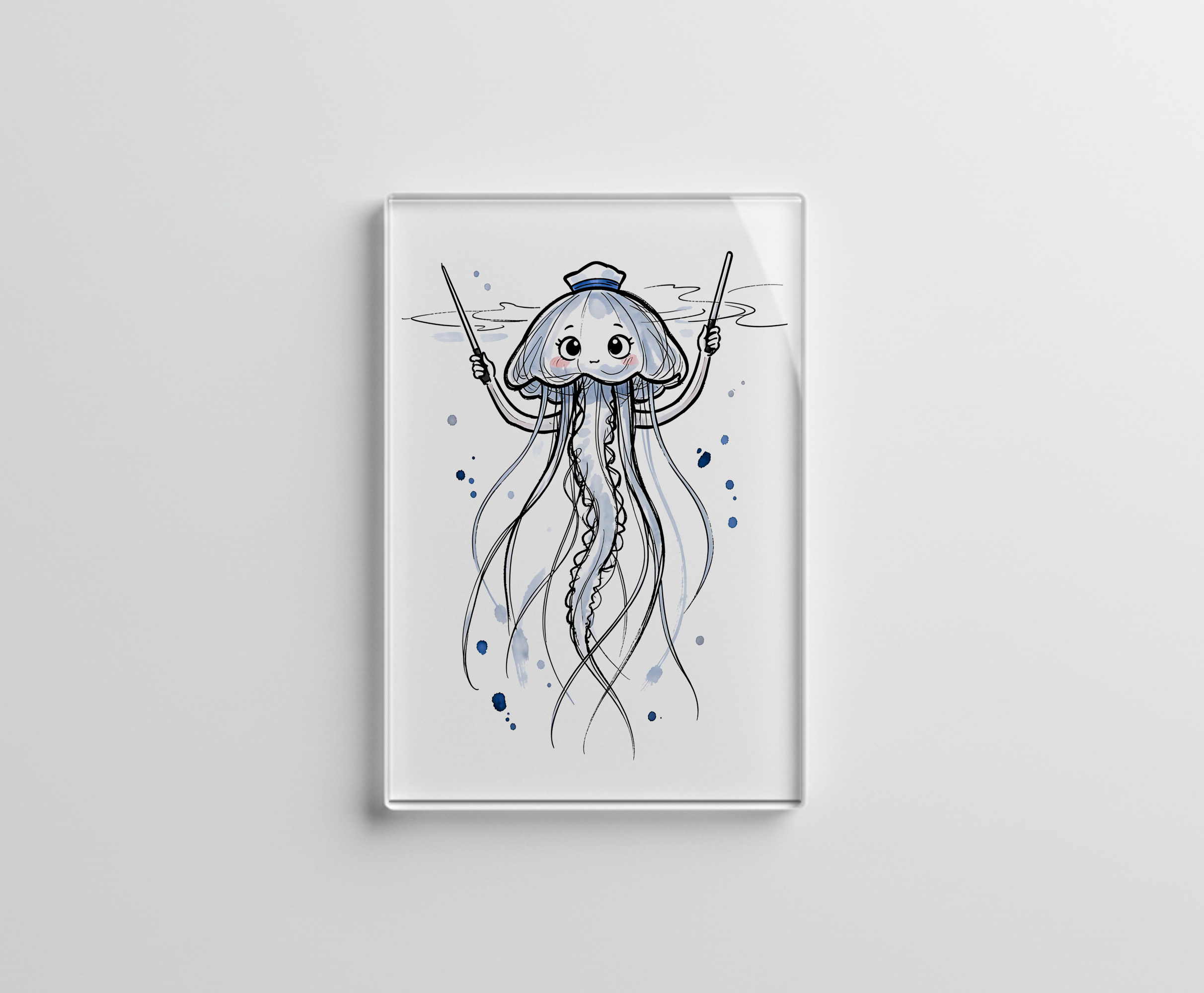 raxxa Glas-Magnet: Jellyfish Conductor Leading Rhythm in Marine Ink Illustration