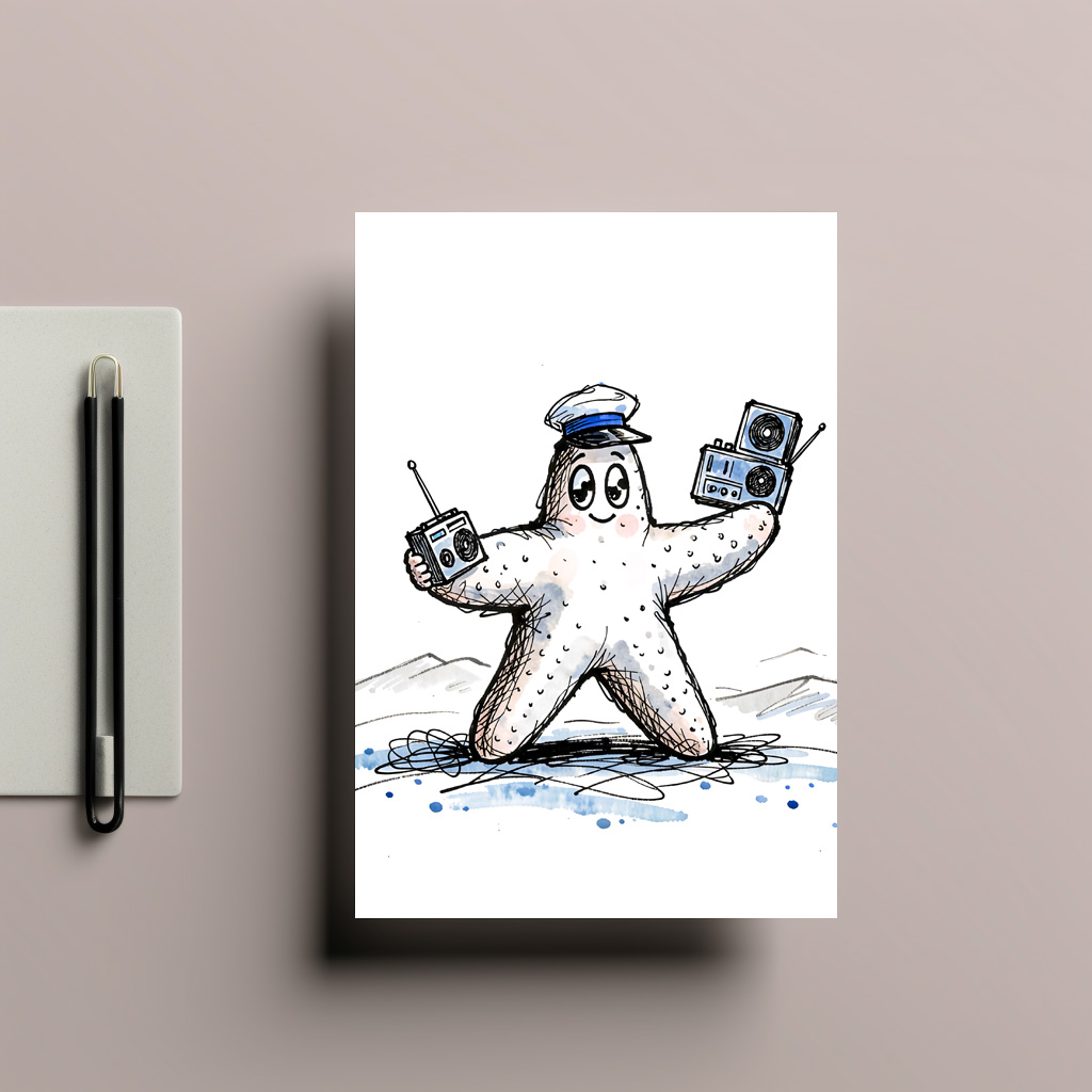 raxxa Postkarte: Starfish Grooving with Radios in Coastal Ink Illustration