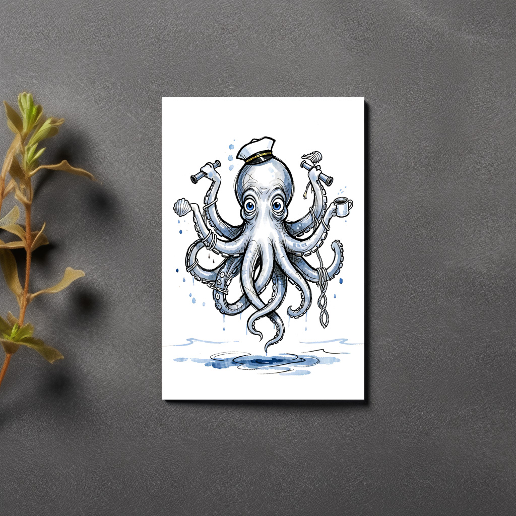 raxxa Postkarte: Octopus Juggling Anchors in Playful Marine Ink Illustration