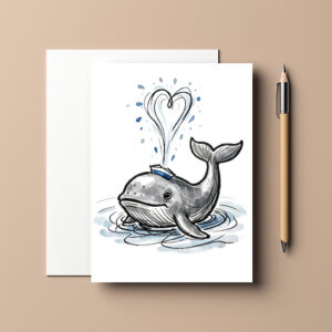 raxxa Postkarte: Joyful Whale Spraying Heart Fountain Marine Ink Illustration