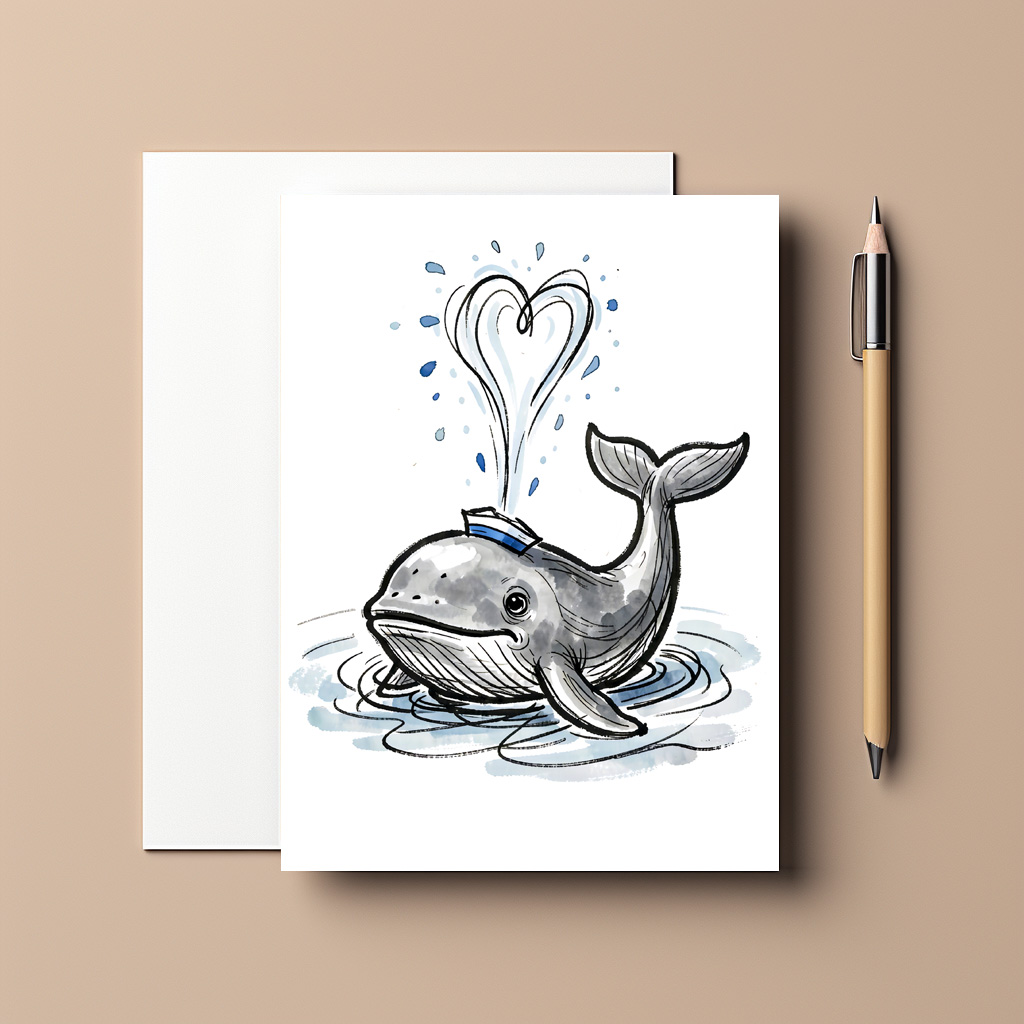 raxxa Postkarte: Joyful Whale Spraying Heart Fountain Marine Ink Illustration