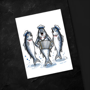 raxxa Postkarte: Cod Leading Chanty Choir in Marine Ink Illustration