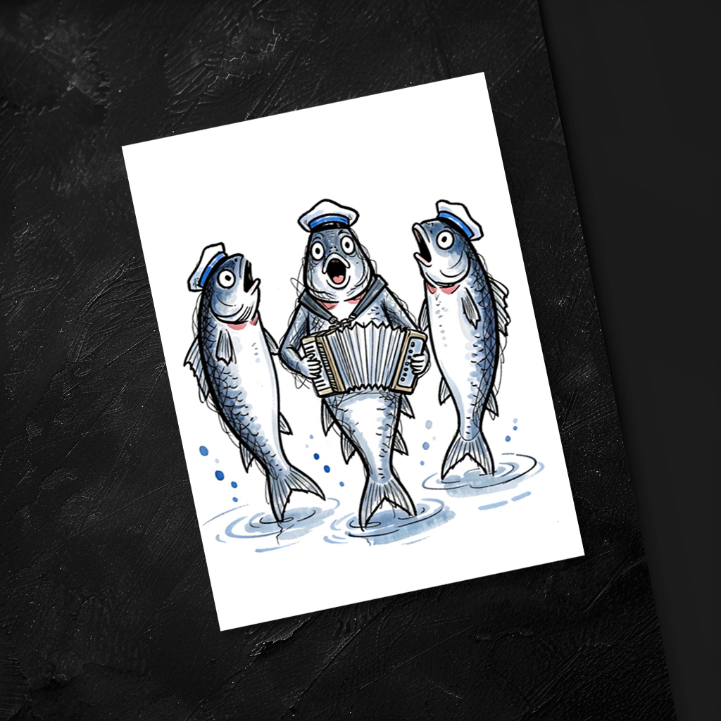 raxxa Postkarte: Cod Leading Chanty Choir in Marine Ink Illustration