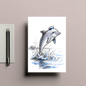 raxxa Postkarte: Playful Dolphin Leaping High in Marine Ink Illustration