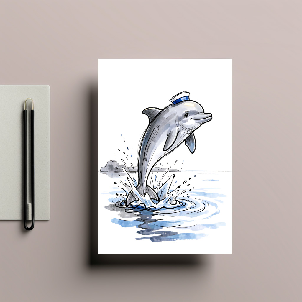 raxxa Postkarte: Playful Dolphin Leaping High in Marine Ink Illustration
