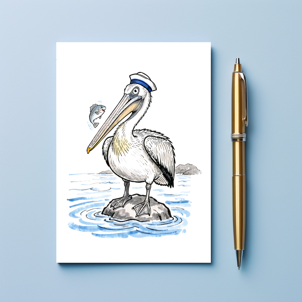 raxxa Postkarte: Pelican Standing Proud on Rock Ink Illustration