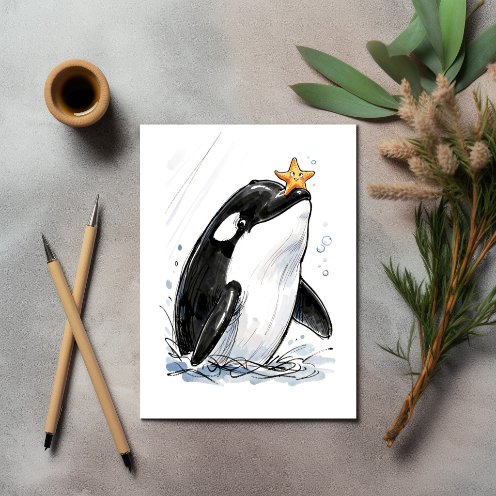 raxxa Postkarte: Orca Balancing Starfish Playfully Marine Ink Illustration