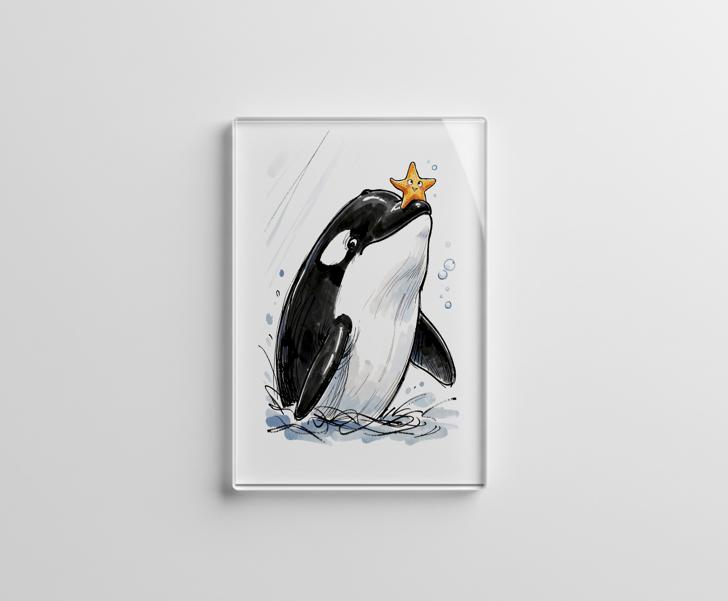 raxxa Glas-Magnet: Orca Balancing Starfish Playfully Marine Ink Illustration