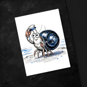 raxxa Postkarte: Hermit Crab Waving Cheerfully in Marine Ink Illustration