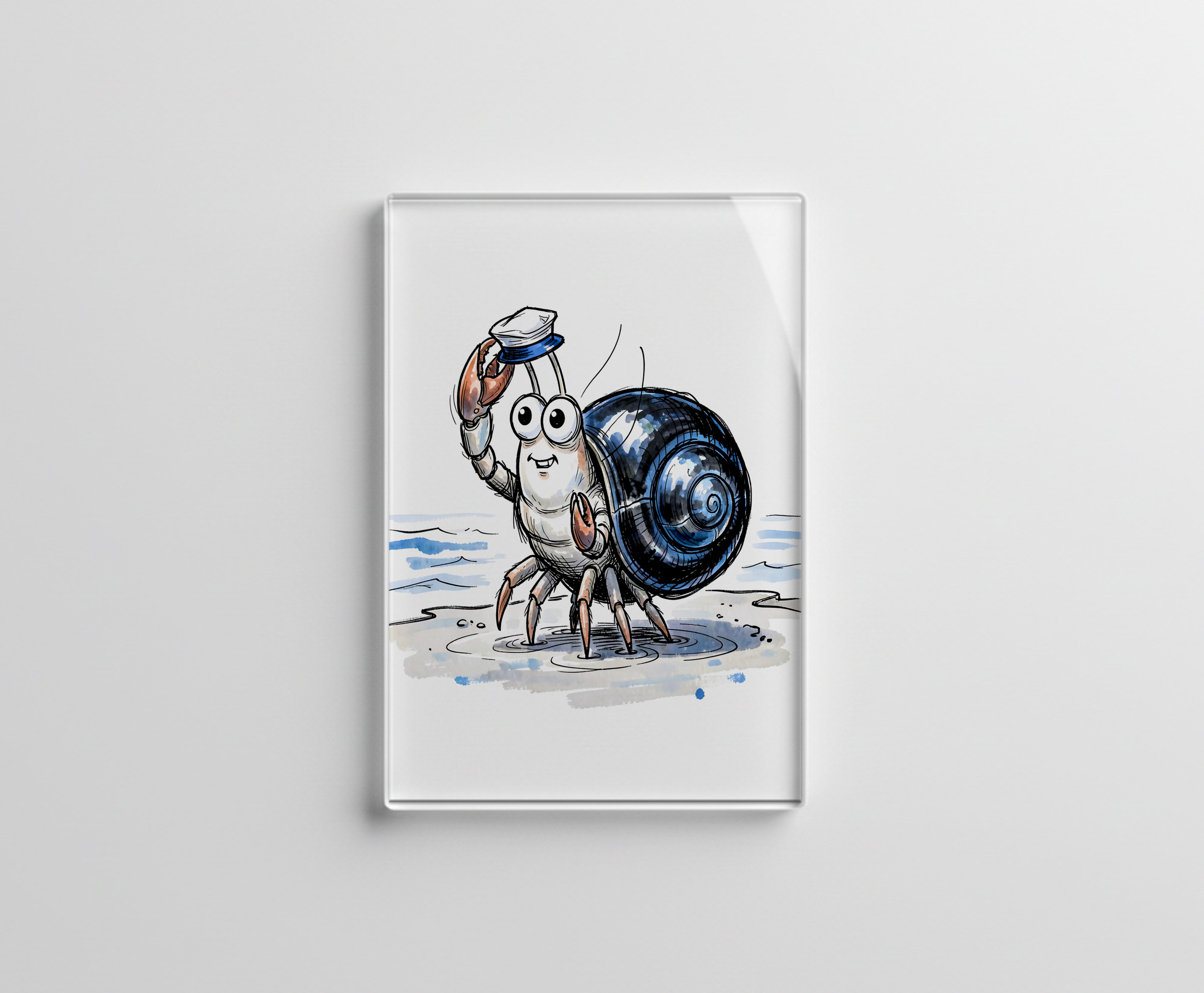 raxxa Glas-Magnet: Hermit Crab Waving Cheerfully in Marine Ink Illustration