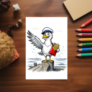 raxxa Postkarte: Seagull Stealing French Fries Marine Ink Illustration