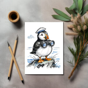 raxxa Postkarte: Puffin Scouting Horizon with Binoculars Ink Illustration