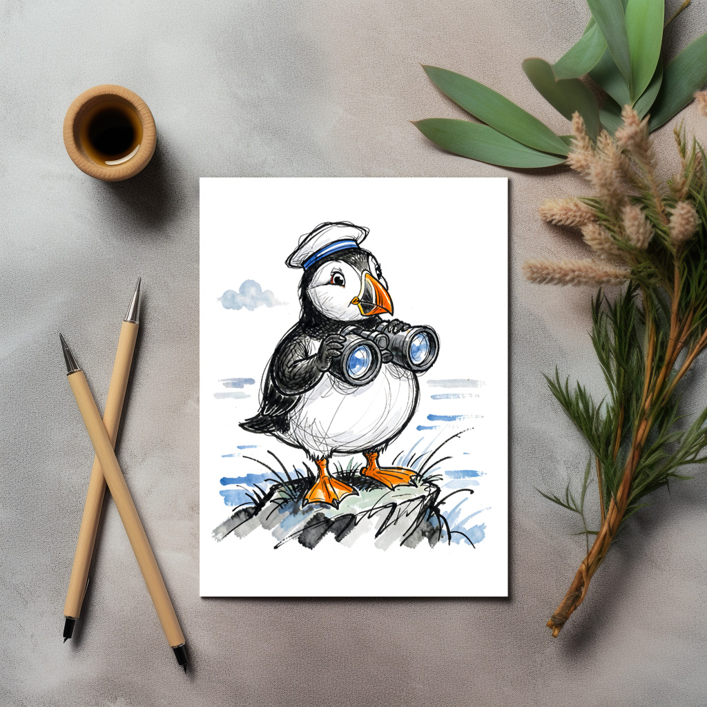 raxxa Postkarte: Puffin Scouting Horizon with Binoculars Ink Illustration