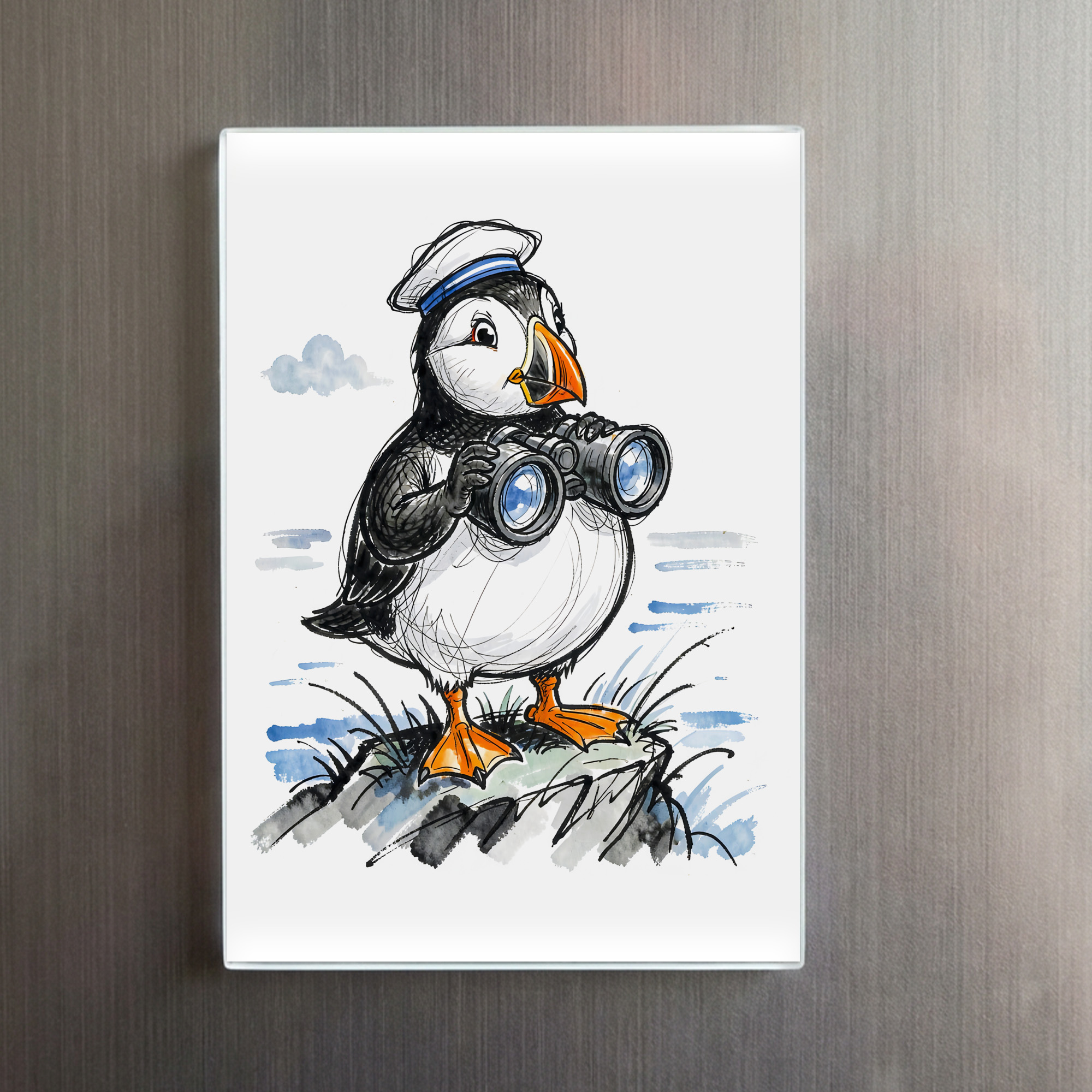 raxxa Glas-Magnet: Puffin Scouting Horizon with Binoculars Ink Illustration - Imagen 2