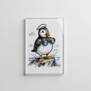 raxxa Glas-Magnet: Puffin Scouting Horizon with Binoculars Ink Illustration