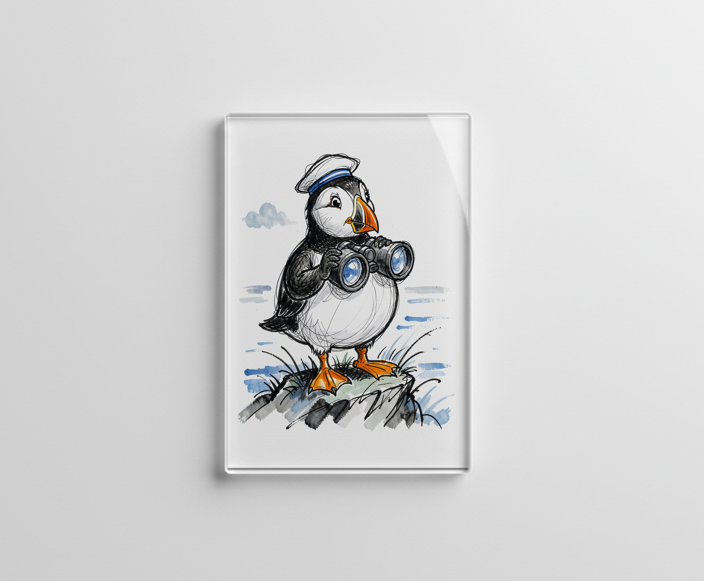 raxxa Glas-Magnet: Puffin Scouting Horizon with Binoculars Ink Illustration
