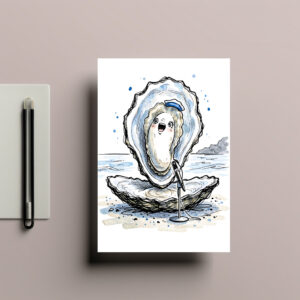 raxxa Postkarte: Expressive Singing Oyster Performing in Marine Ink Illustration