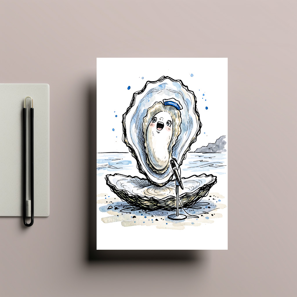 raxxa Postkarte: Expressive Singing Oyster Performing in Marine Ink Illustration