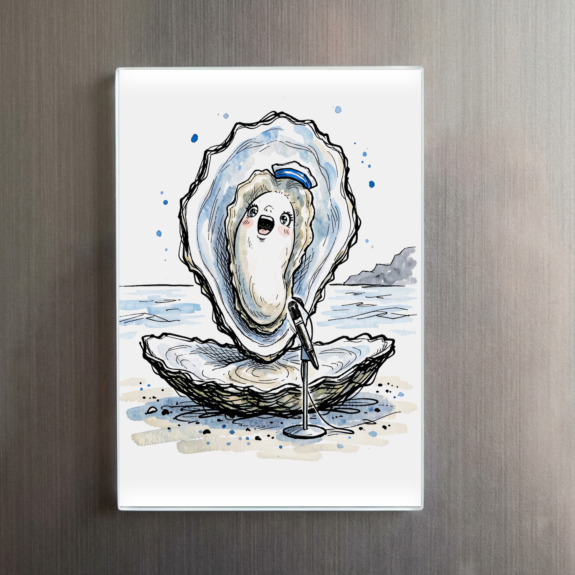 raxxa Glas-Magnet: Expressive Singing Oyster Performing in Marine Ink Illustration – Bild 2