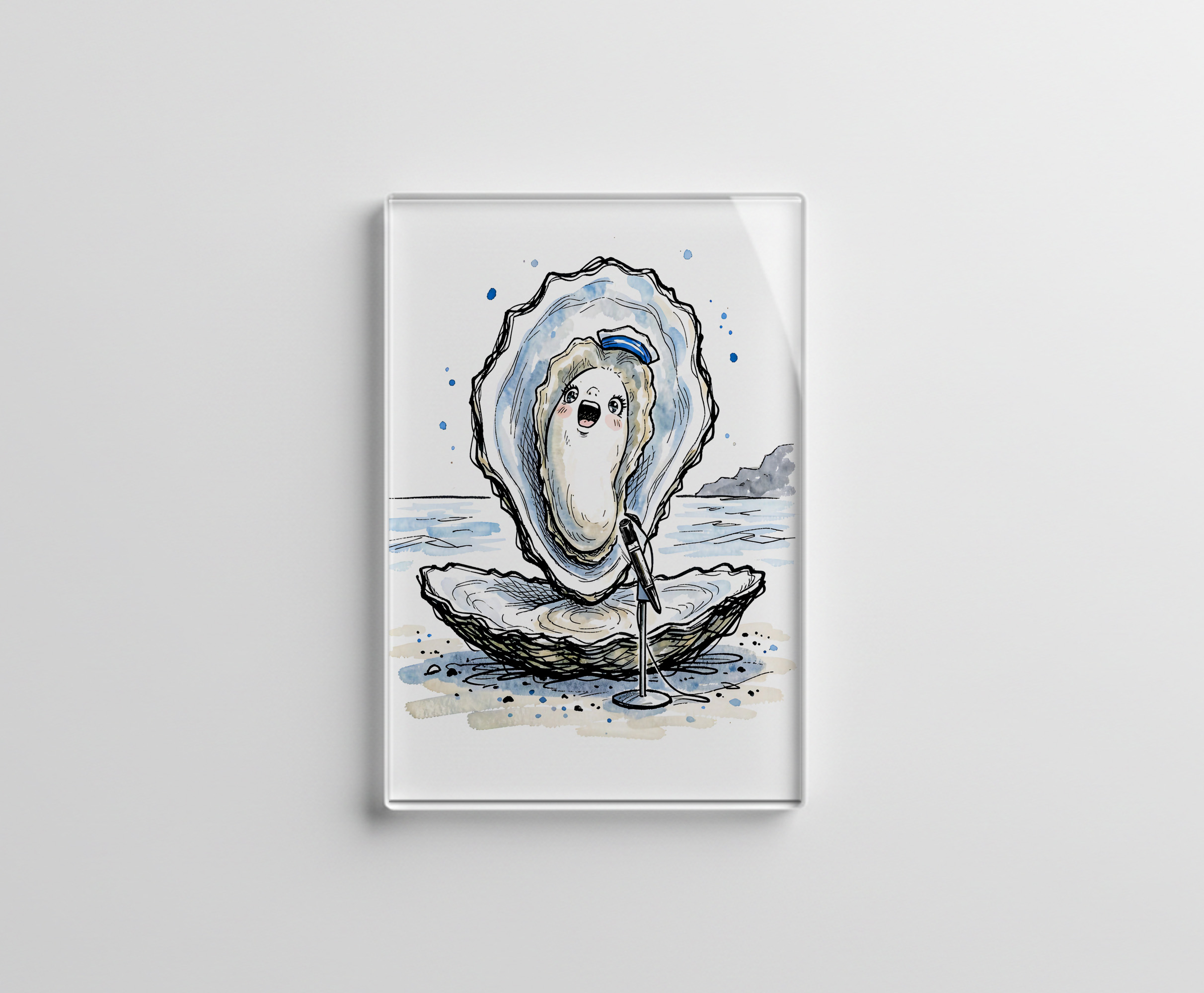 raxxa Glas-Magnet: Expressive Singing Oyster Performing in Marine Ink Illustration