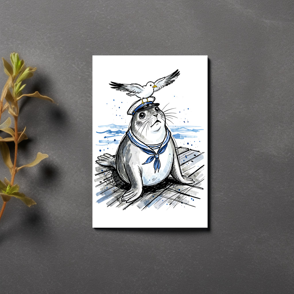 raxxa Postkarte: Harbor Seal with Seagull in Marine Ink Illustration