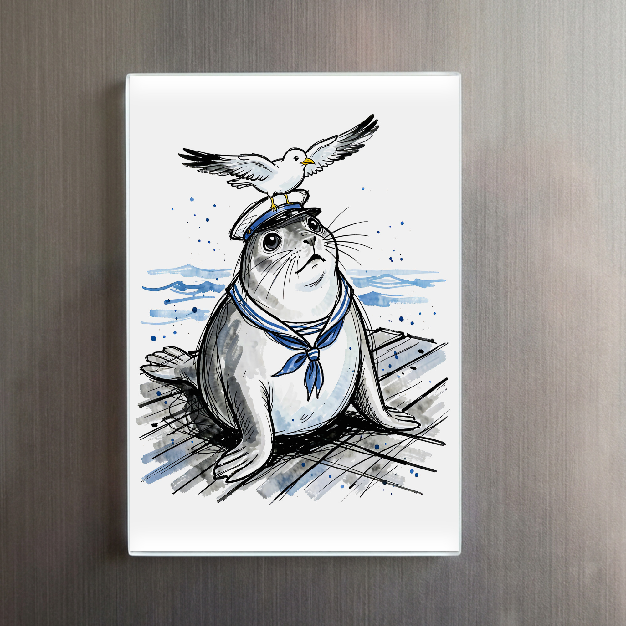 raxxa Glas-Magnet: Harbor Seal with Seagull in Marine Ink Illustration - Image 2