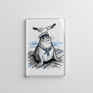 raxxa Glas-Magnet: Harbor Seal with Seagull in Marine Ink Illustration