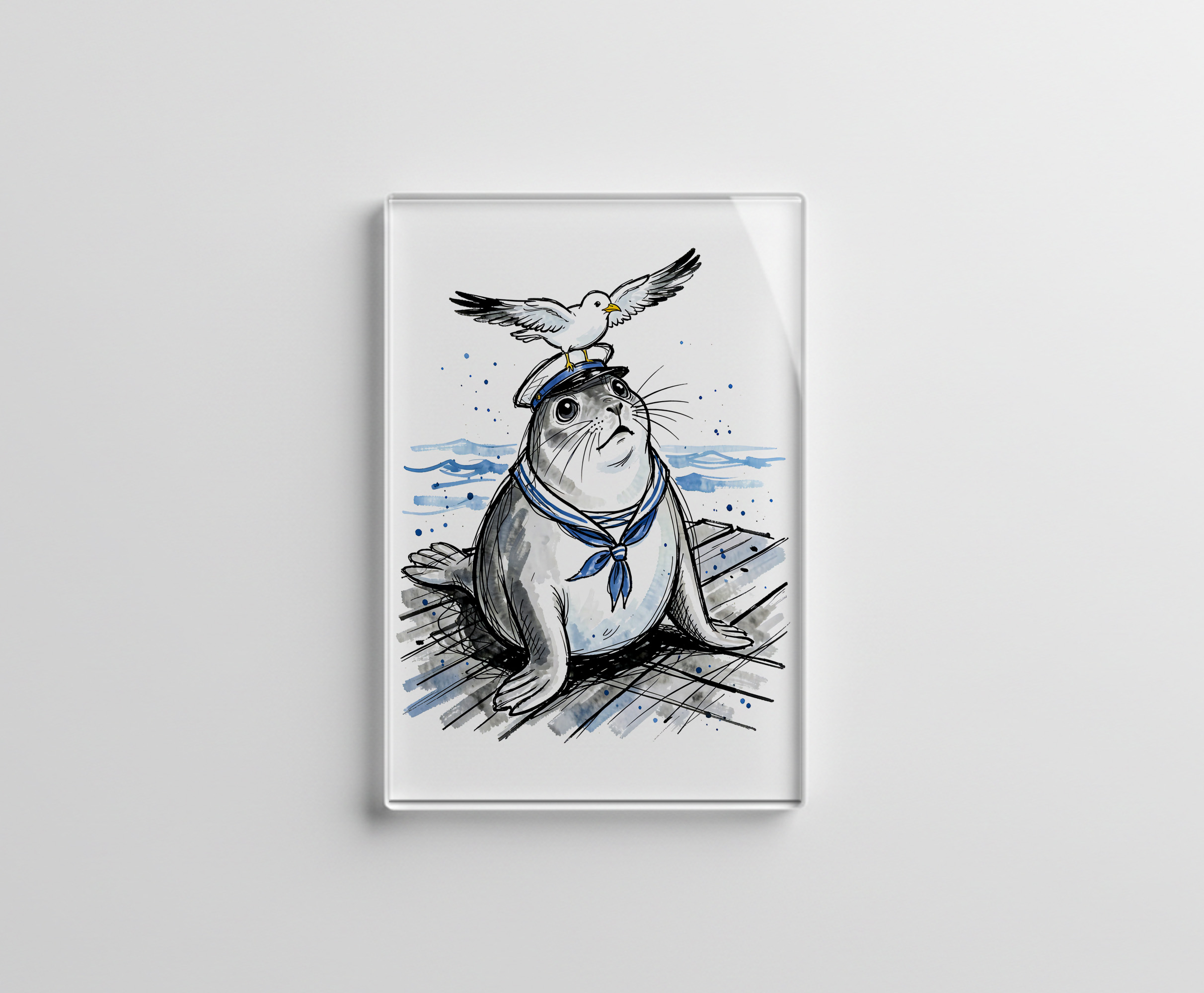raxxa Glas-Magnet: Harbor Seal with Seagull in Marine Ink Illustration