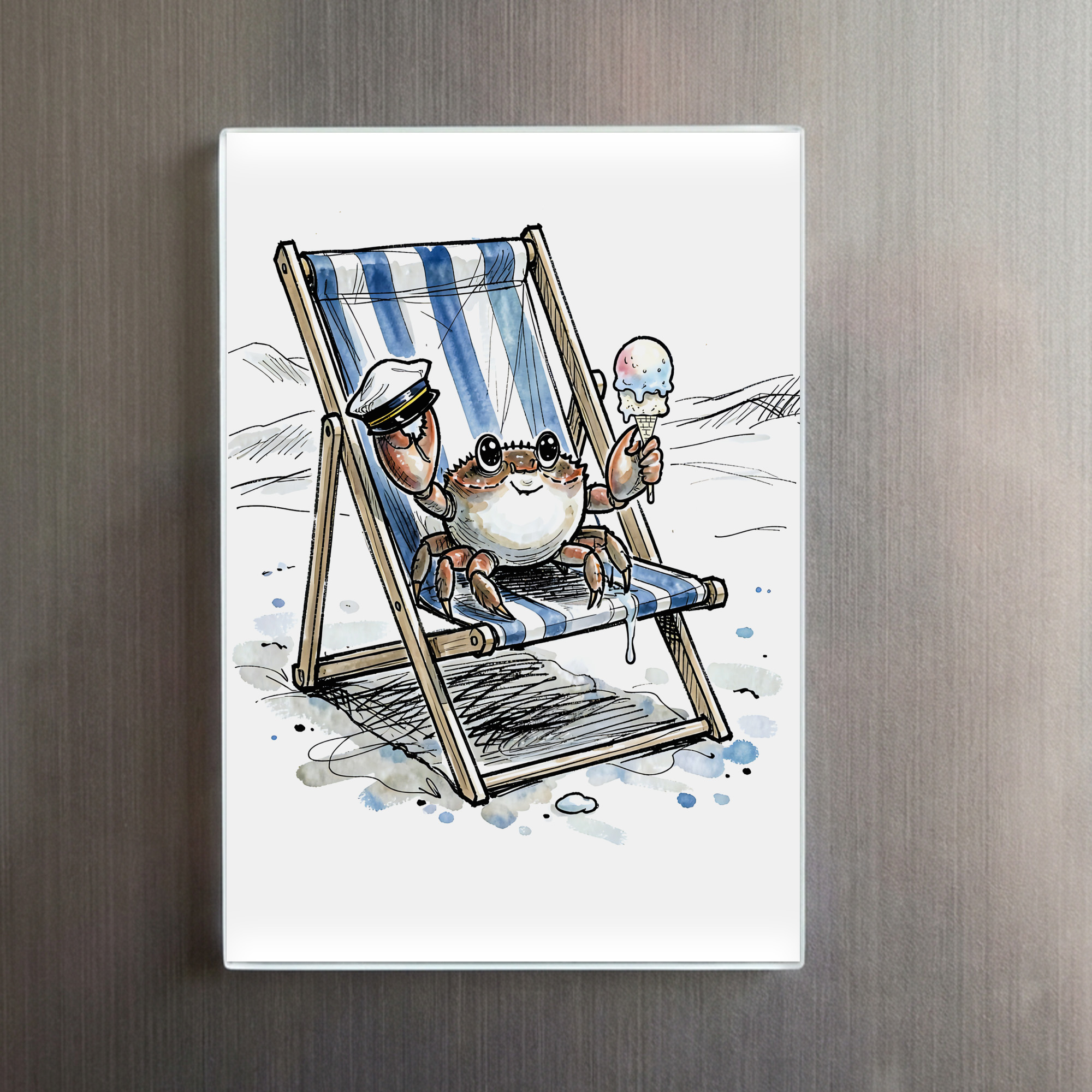 raxxa Glas-Magnet: Relaxed Beach Crab Enjoying Ice Cream Ink Illustration - immagine 2