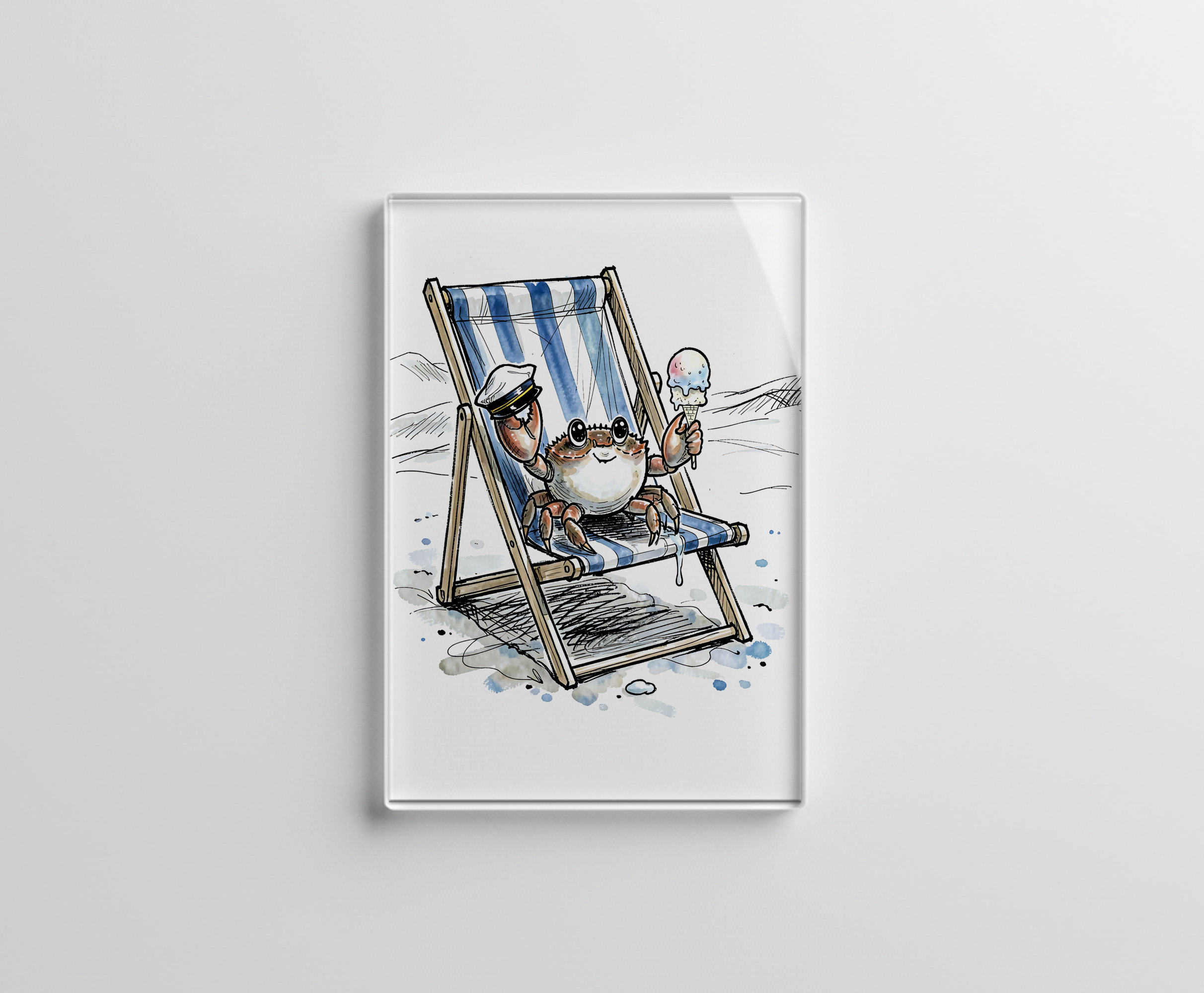 raxxa Glas-Magnet: Relaxed Beach Crab Enjoying Ice Cream Ink Illustration