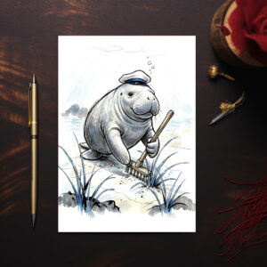 raxxa Postkarte: Manatee Gardening Coastal Meadow in Gentle Ink Illustration