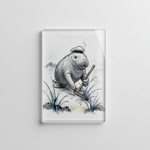 raxxa Glas-Magnet: Manatee Gardening Coastal Meadow in Gentle Ink Illustration