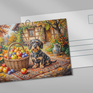 raxxa Postkarte: Dachshund Sitting Beside Fruit Basket Autumn Farmhouse