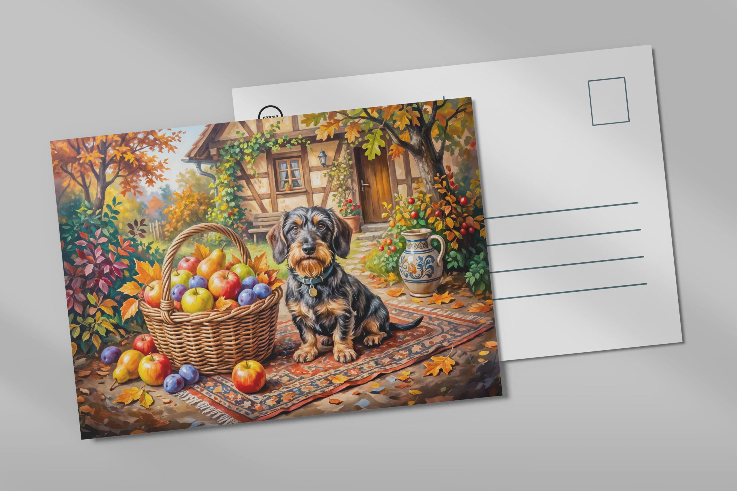 raxxa Postkarte: Dachshund Sitting Beside Fruit Basket Autumn Farmhouse
