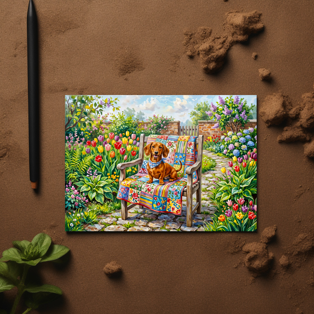 raxxa Postkarte: Dachshund Sitting on Patchwork Garden Chair Among Tulips