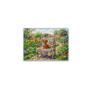 raxxa Glas-Magnet: Dachshund Sitting on Patchwork Garden Chair Among Tulips