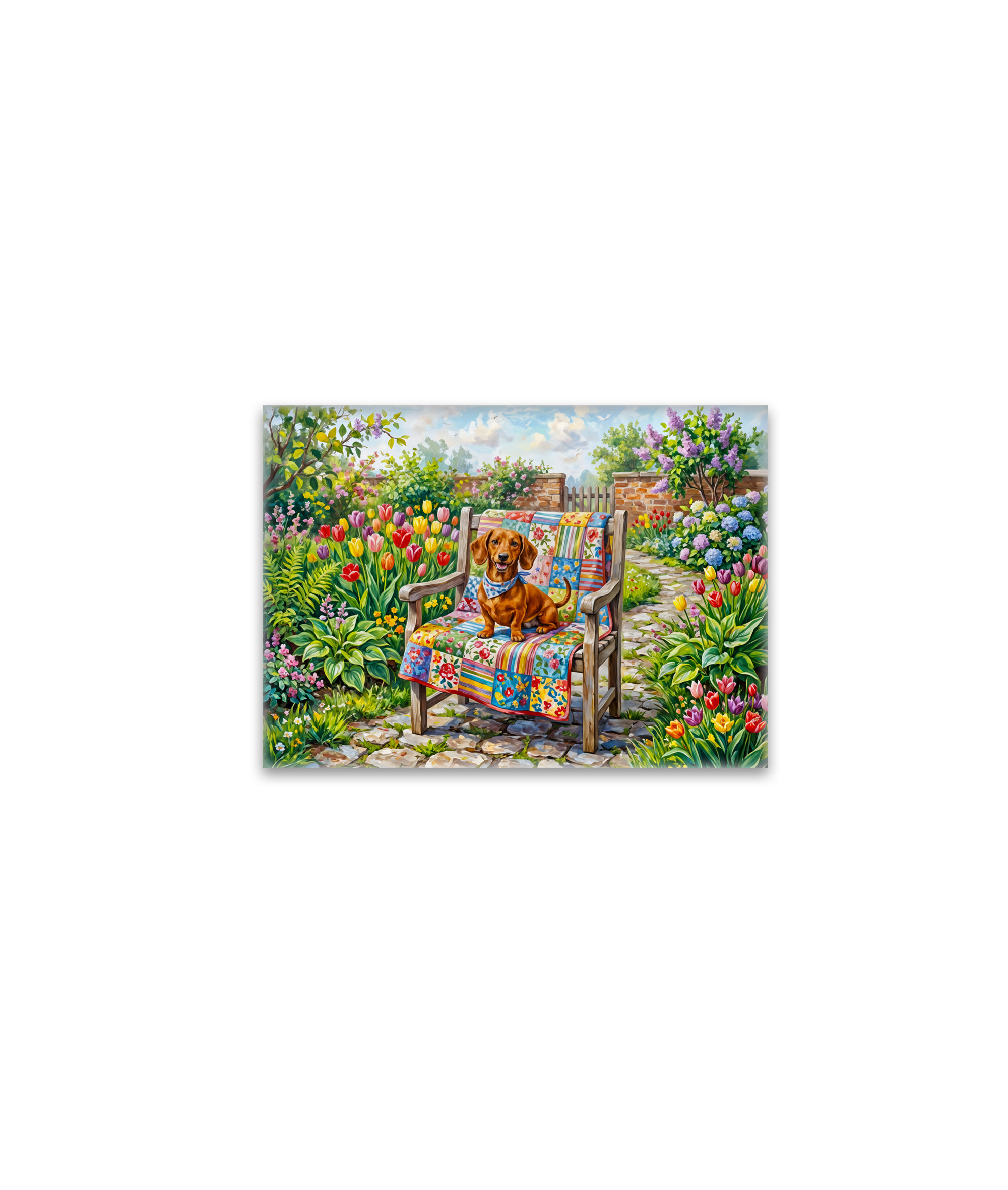 raxxa Glas-Magnet: Dachshund Sitting on Patchwork Garden Chair Among Tulips