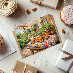 raxxa Postkarte: Dachshund Resting on Patchwork Garden Bench