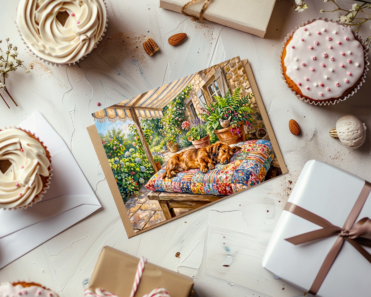 raxxa Postkarte: Dachshund Resting on Patchwork Garden Bench