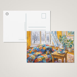 raxxa Postkarte: Cozy Dachshund Resting on Patchwork Winter Blanket